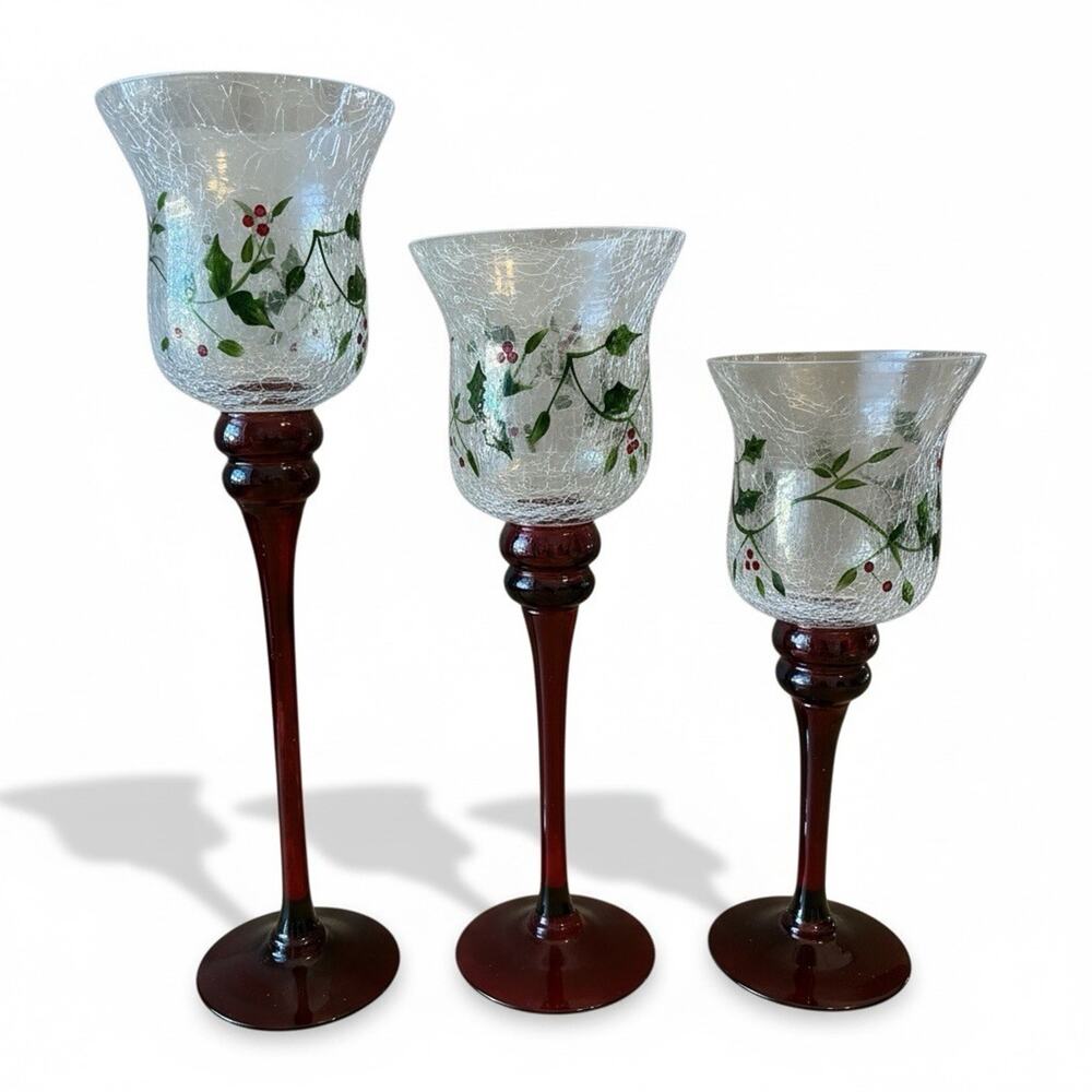 3 VTG Winterberry Pfatsgraff TALL Red Stem Votive Candle holders Cracked Glass
